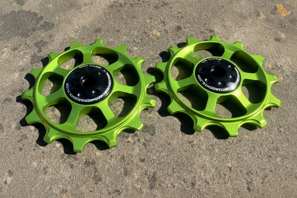A pair of Lime Green jockey wheels with sealed bearings, designed for use with SRAM EAGLE rear derailleurs.