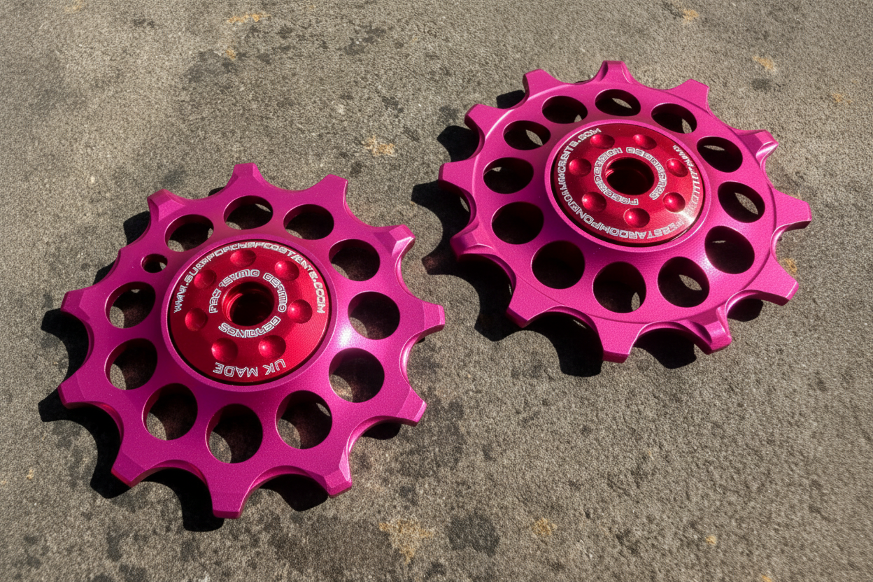 pink 12T jockey wheels with sealed ceramic bearings, designed for use with SRAM rear derailleurs.
