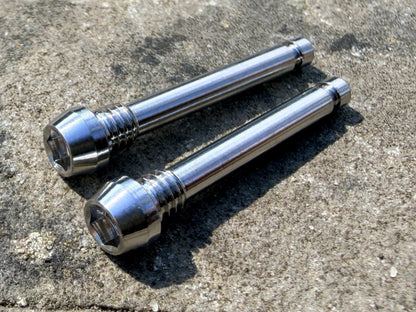 Silver Magura brake pad retention pins in cnc machined titanium