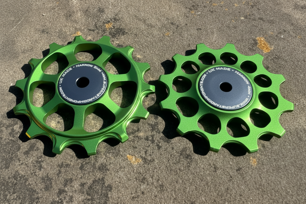A pair of lime jockey wheels with sealed bearings, designed for use with SRAM AXS rear derailleurs.