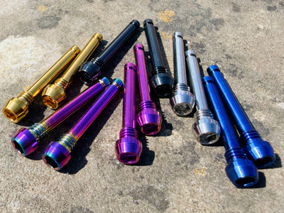 Colourful Shimano brake pad retention pins in cnc machined titanium