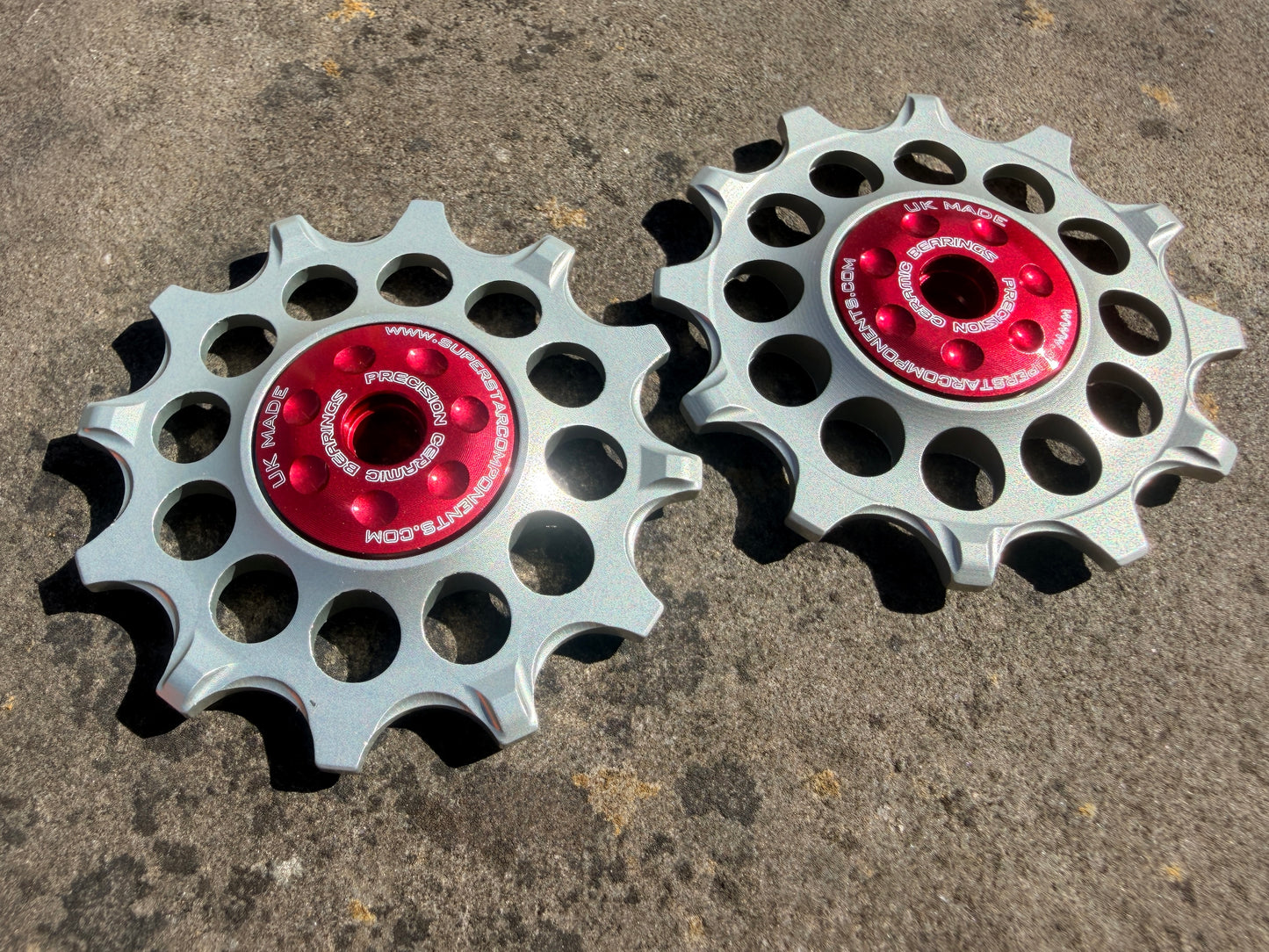 silver 12T jockey wheels with sealed ceramic bearings, designed for use with SRAM rear derailleurs.