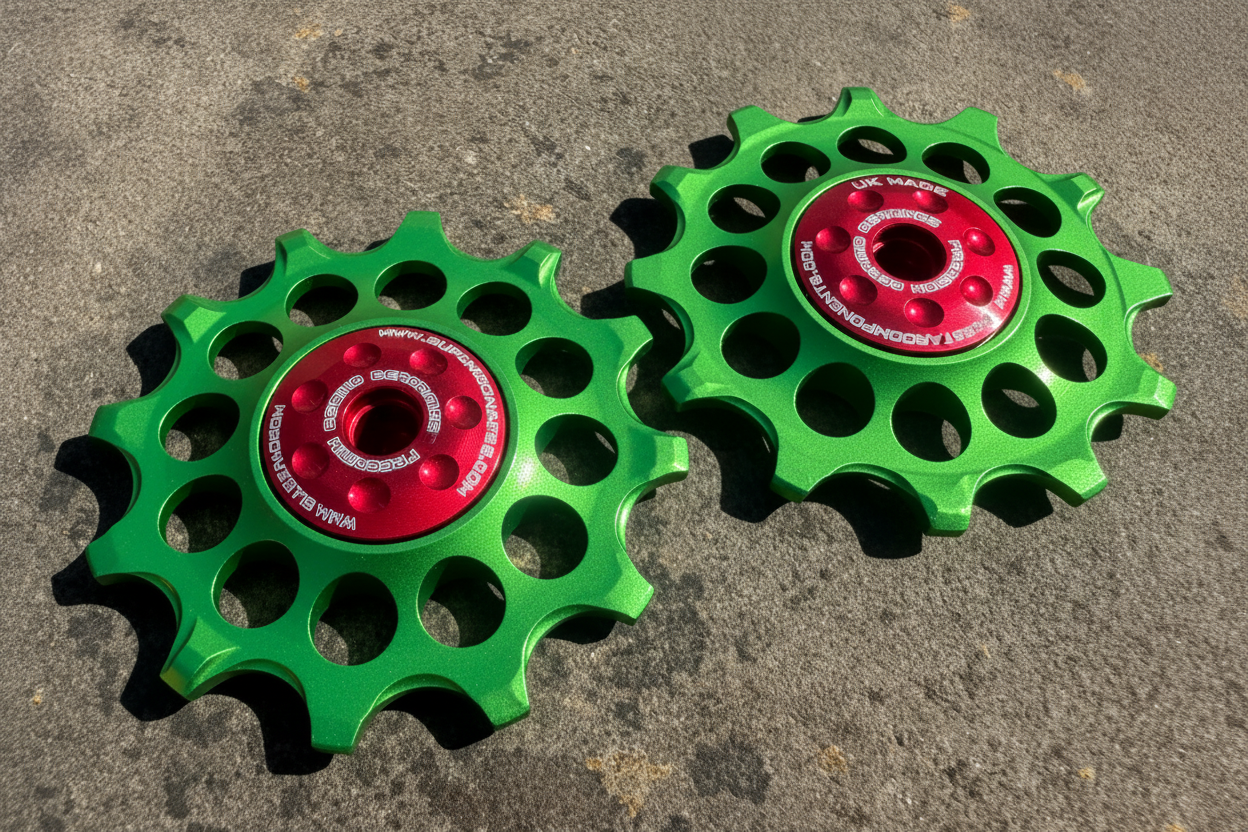 lime 12T jockey wheels with sealed ceramic bearings, designed for use with SRAM rear derailleurs.