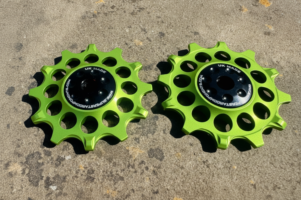 lime green 12T jockey wheels with sealed bearings, designed for use with SRAM rear derailleurs.