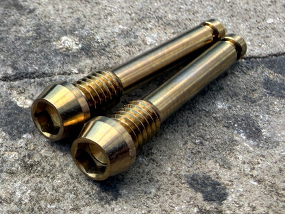 Bronze SRAM brake pad retention pins in cnc machined titanium