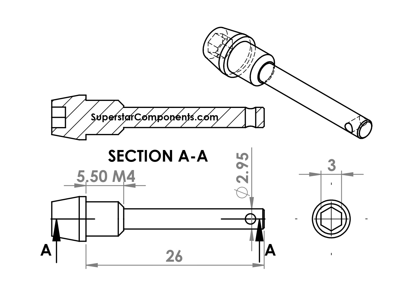 Technical drawing of a Hope brake pad retention pins in CNC machined titanium