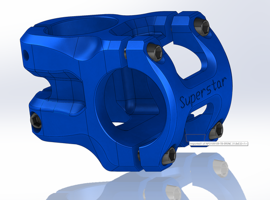 Blue 'Superstar' bike stem on a reflective surface with a white background